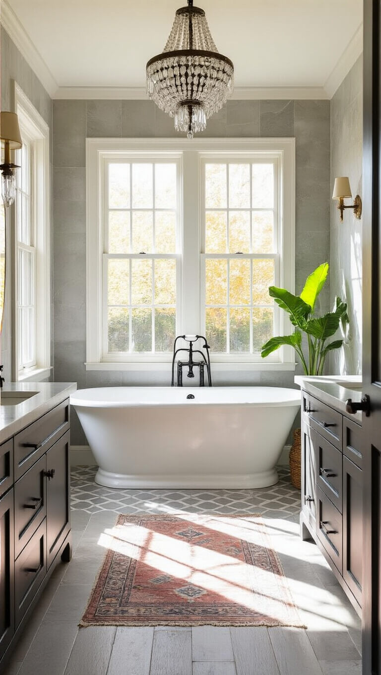 Sunlit master bathroom with clawfoot tub, marble walls, double vanity, and vintage Persian runner illuminated by golden hour light.