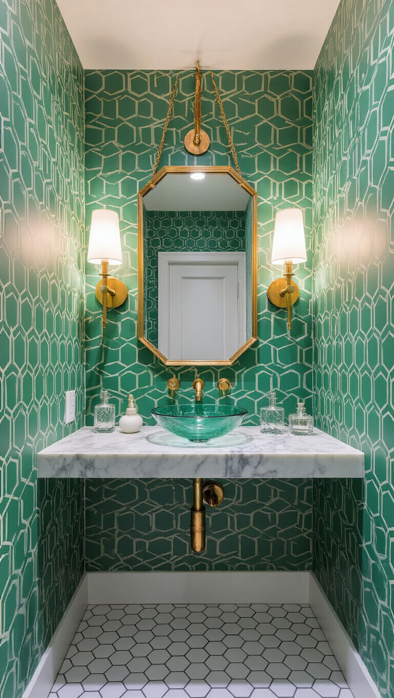 Emerald wallpapered powder room with marble floating vanity, brass mirror, white sconces, crystal accents, and hex tile floor during moody blue hour lighting.