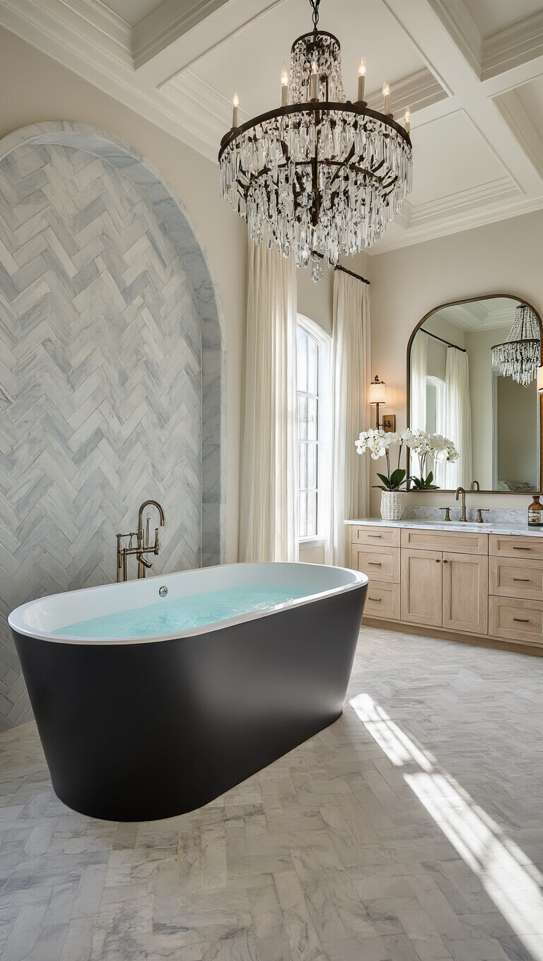 Luxurious master bathroom with black freestanding tub, marble herringbone wall, vintage chandelier, double bleached oak vanity, and morning light through sheer curtains.