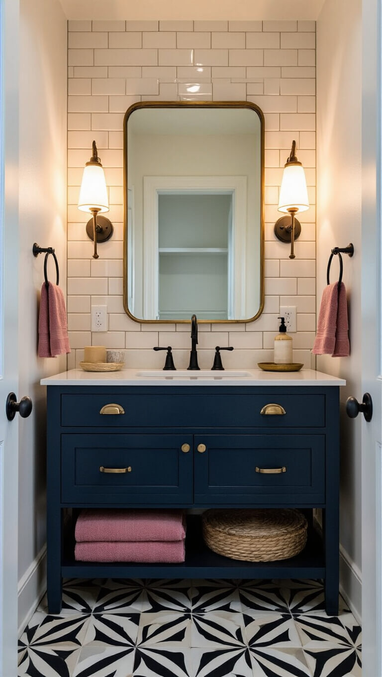Cozy 10'x12' guest bathroom at dusk with cream 1920s subway tiles, deep navy floating vanity, brass-framed vintage mirror, matte black fixtures, black and white geometric floor tiles, and dusty rose Turkish towels.