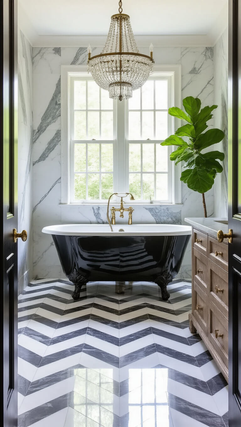 Luxurious 14'x16' master bathroom with black clawfoot tub, floor-to-ceiling marble, chevron marble floor, weathered oak vanity, and nickel chandelier.