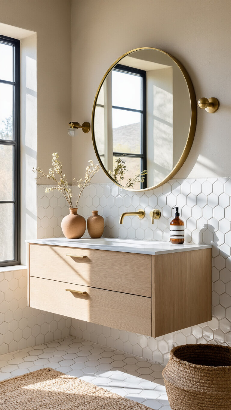 Minimalist 11'x13' bathroom at sunset with floating bleached oak vanity, round brass mirror, white hex tiles with black border, brushed gold faucet, and warm natural backlighting.