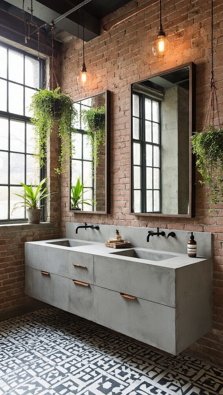 Industrial-chic master bath with exposed brick, concrete tiles, repurposed factory window mirror, matte black fixtures, and hanging plants in early morning light.