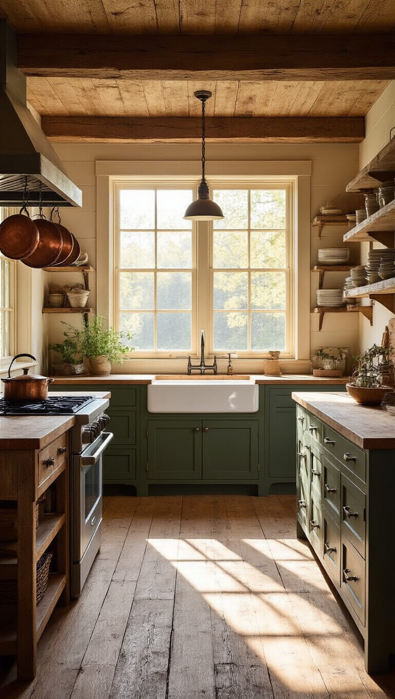 Rustic 12x14ft cabin kitchen with morning light streaming through a window above a farmhouse sink, highlighting reclaimed oak floors, forest green lower cabinets, copper pot rack, and textured stone countertops.
