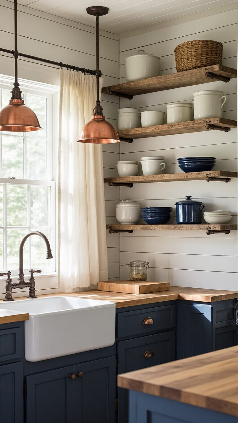 Cozy cabin kitchen corner with floor-to-ceiling industrial pipe and barnwood shelving, vintage enamelware, butcher block station, and copper pendant lights under soft afternoon sunlight.