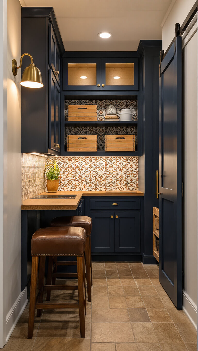 Low-angle view of a cozy 8x10ft galley kitchen with dark navy cabinets, patterned tile backsplash, and warm bronze sconce lighting.