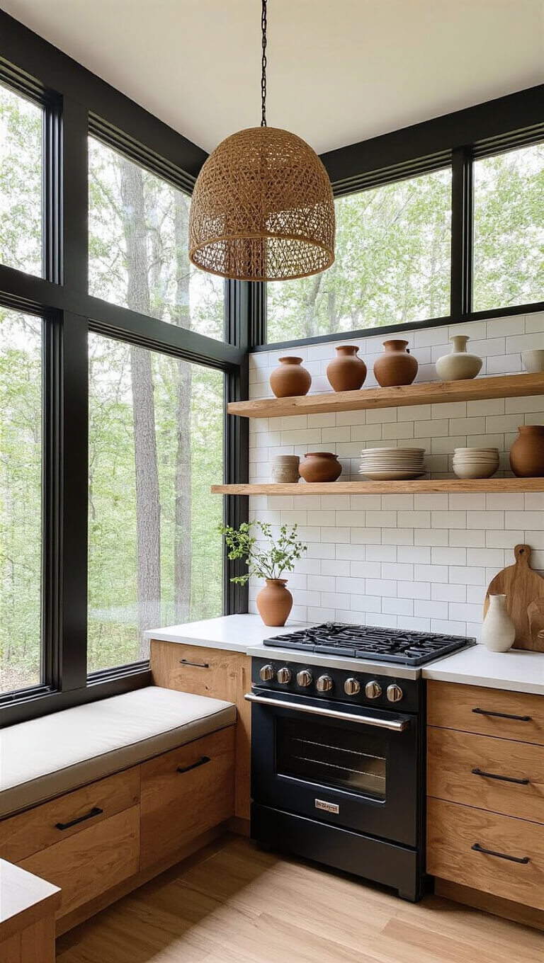 Cozy 9x11ft corner kitchen with forest views through floor-to-ceiling windows, raw wood shelves, artisanal pottery, matte black gas range, woven pendant light, and window seat with storage at golden hour.
