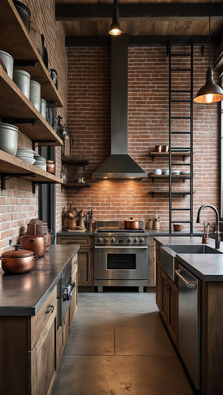 Rustic 10x12ft kitchen with salvaged brick wall, industrial lighting, zinc countertops, compact stainless appliances, open shelving, sliding ladder, and moody lighting showcasing textures.