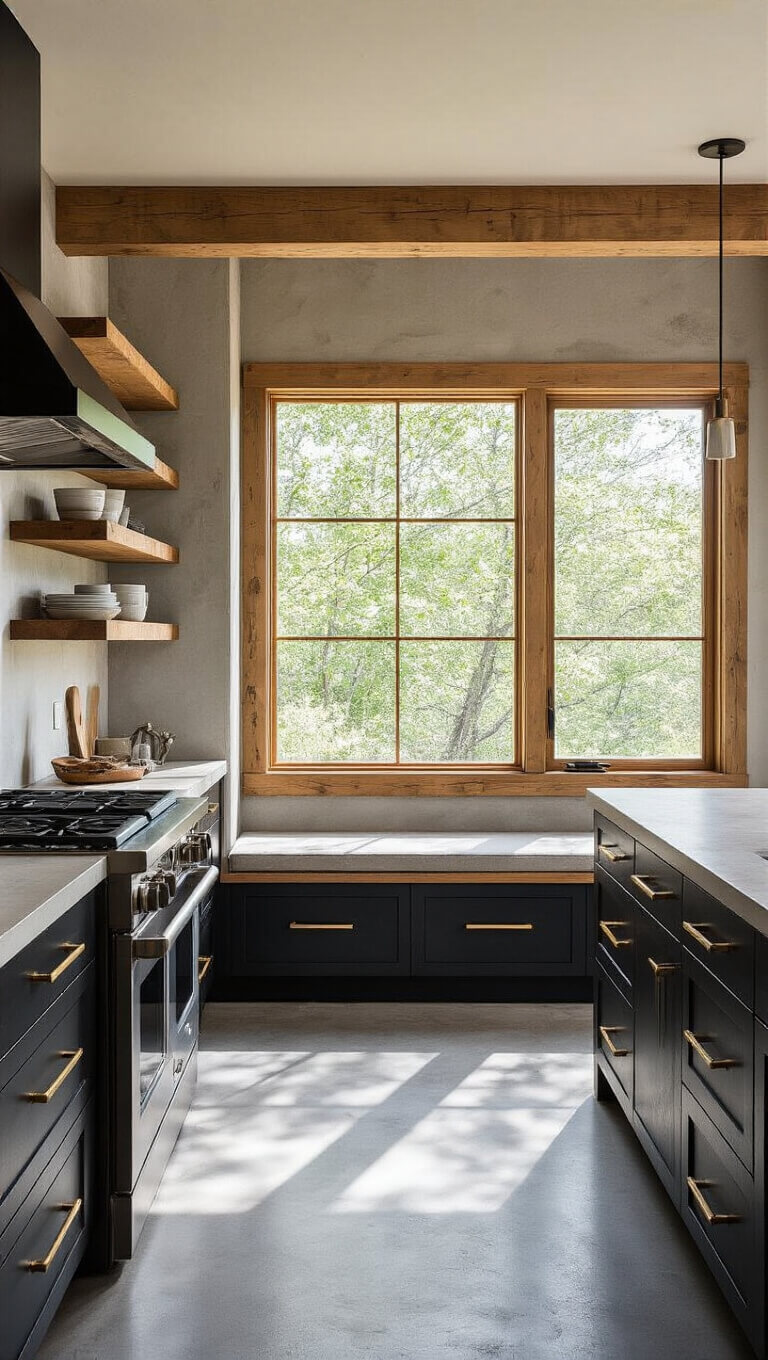 Modern-rustic 12x14ft kitchen with matte black cabinets, warm wood shelves, concrete countertops, brass fixtures, leather pulls, and a window seat with storage.