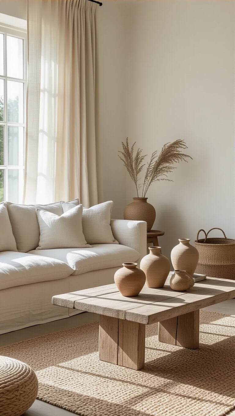 Serene beige-toned living room with linen sofa, oak coffee table, jute rug, and morning light highlighting natural textures.
