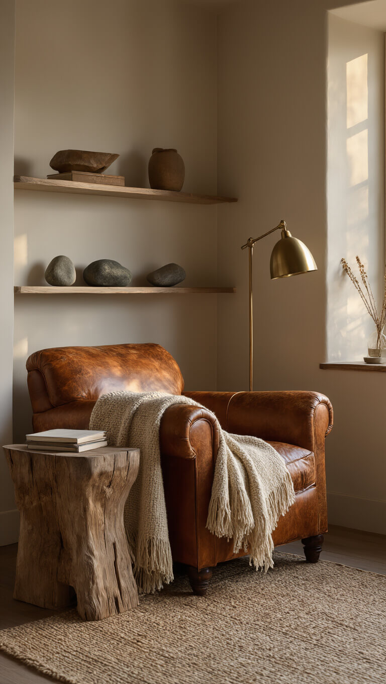 Cozy reading nook with worn leather armchair, rustic wood table, wool throw, and warm brass lighting during golden hour.