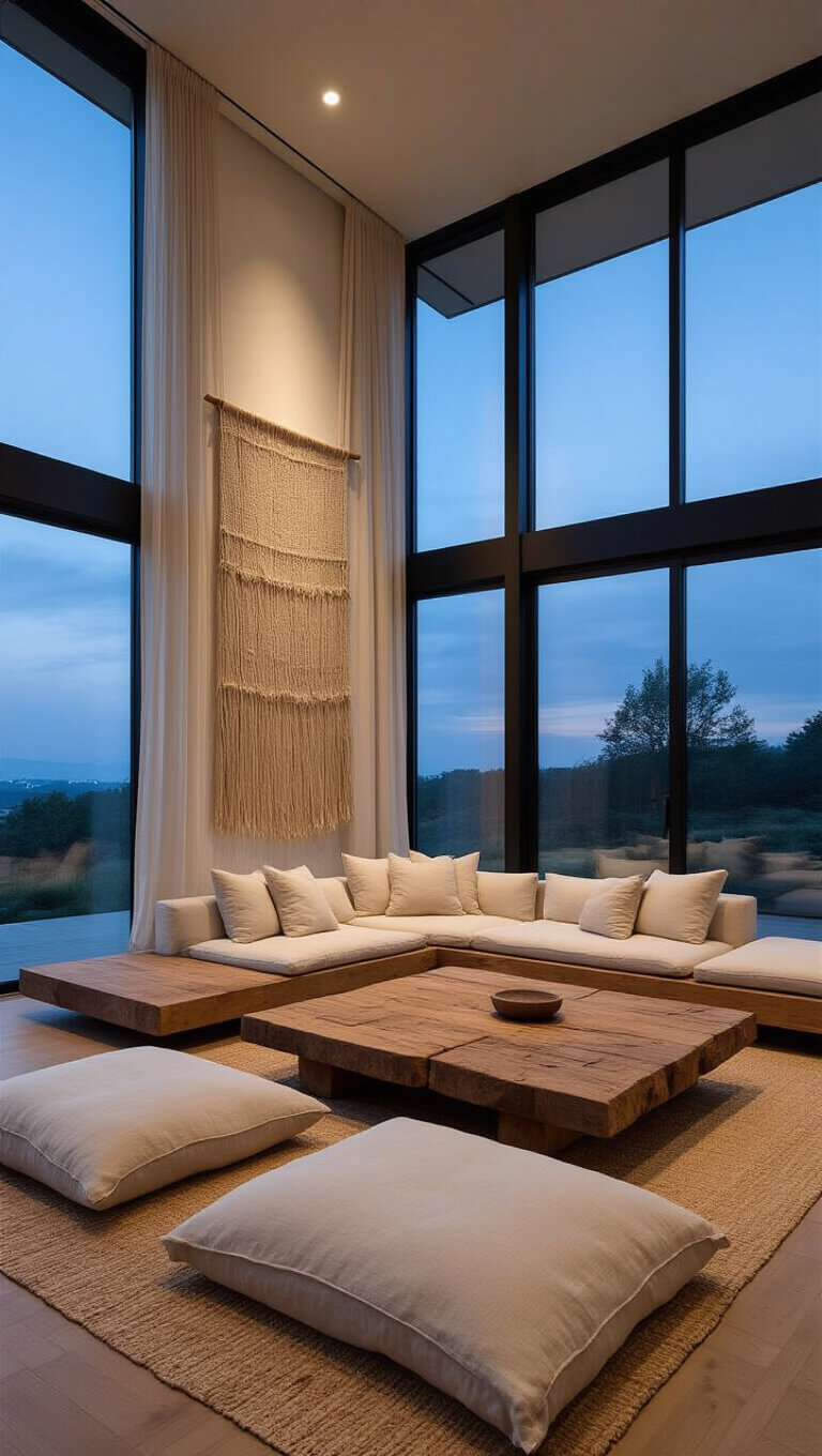 Open-concept 18x22ft living area at dusk with floor-to-ceiling windows, natural-toned platform sofa, reclaimed timber coffee table, and handwoven wall hanging casting organic shadows.