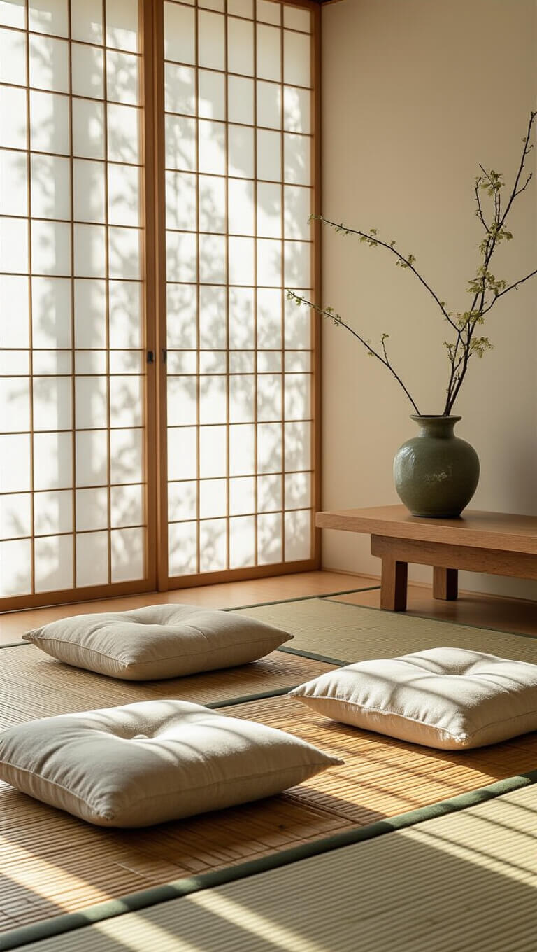 Low-angle view of a serene 14x16ft meditation corner at midday with dappled light filtering through rice paper screens, handmade ceramic cushions on a worn bamboo mat, and a simple wooden altar featuring an ikebana arrangement in a crackle-glazed vessel.