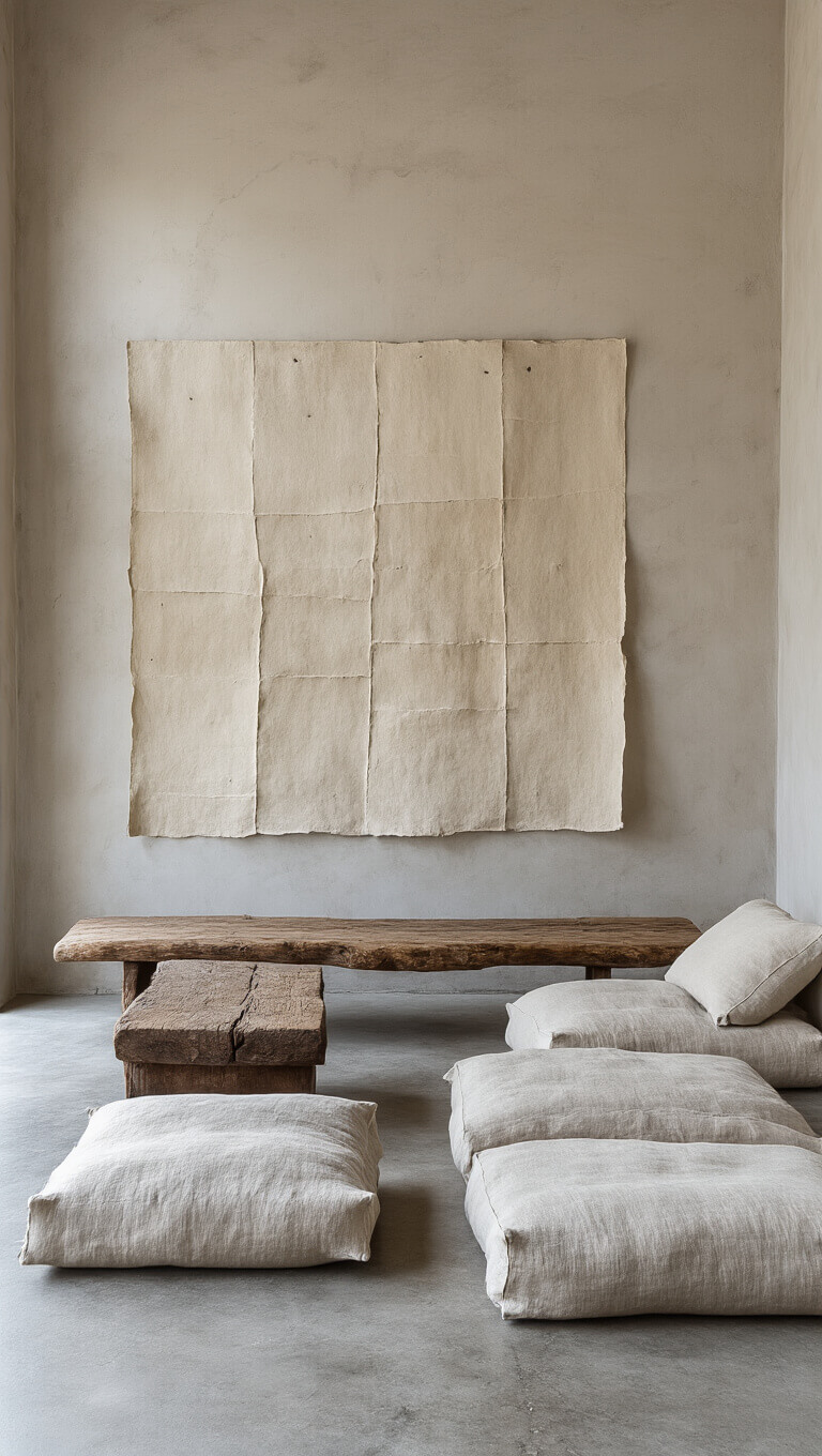 Minimalist 16x18ft conversation area with raw concrete floors, plaster walls, silk floor cushions, aged wooden bench, and handmade paper art in afternoon light.