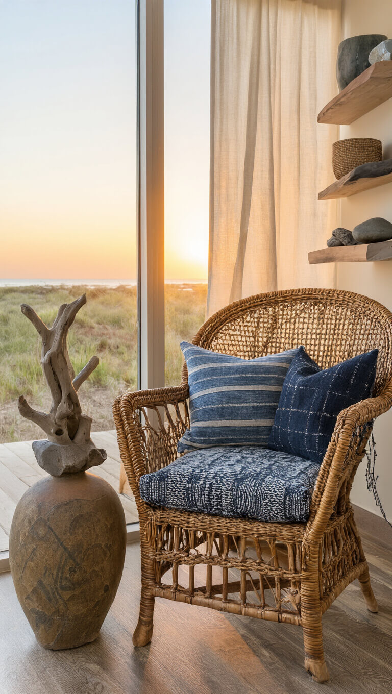 Cozy 10x12ft reading nook at sunset with vintage rattan chair, mud-cloth pillows, ceramic floor lamp, and driftwood decor on live-edge shelf, bathed in warm golden hour light.