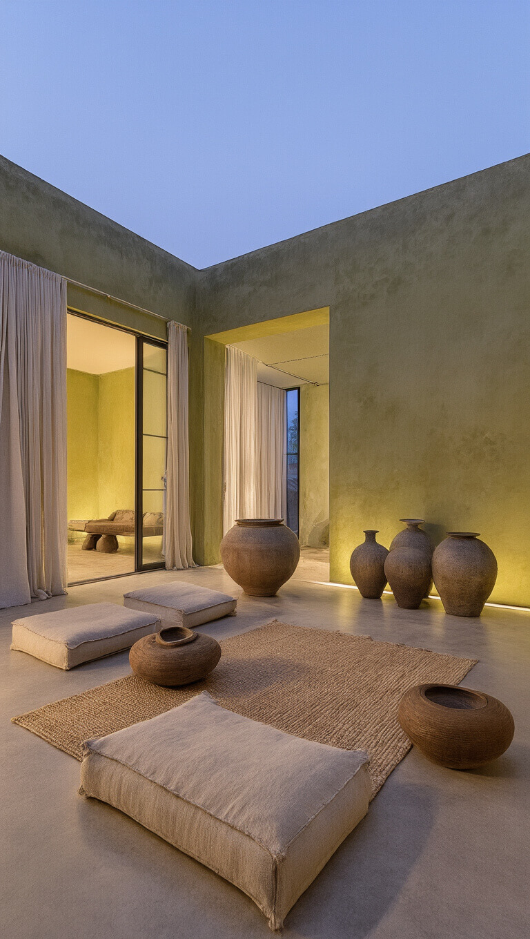 Modern 20x24ft living room at twilight with polished concrete floors, lime-washed walls, modular canvas seating with visible mending, asymmetrically grouped crystalline ceramic vessels, handwoven hemp rug, and floor-to-ceiling sheer linen curtains, viewed from elevated corner angle.