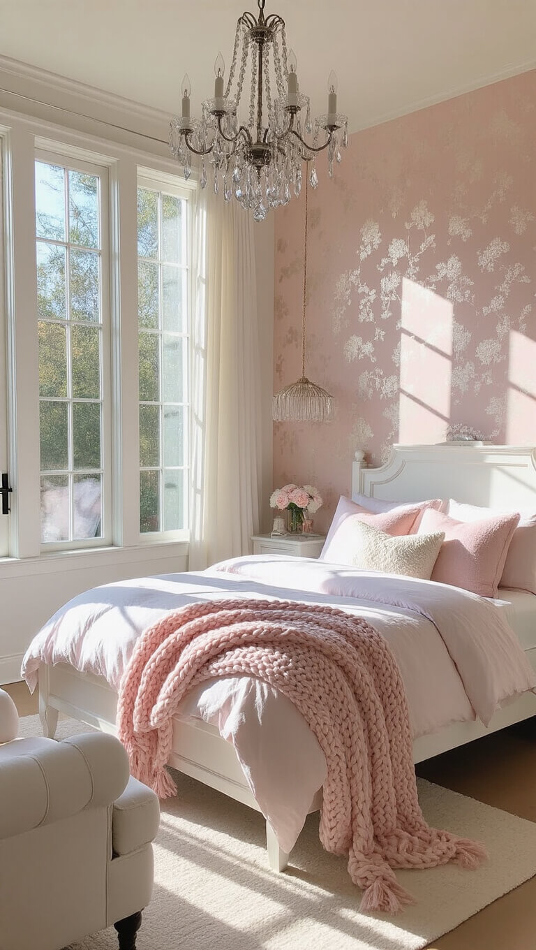 Serene blush-toned bedroom with white bed, pink shimmer wallpaper, tufted armchair, and morning light through tall windows.