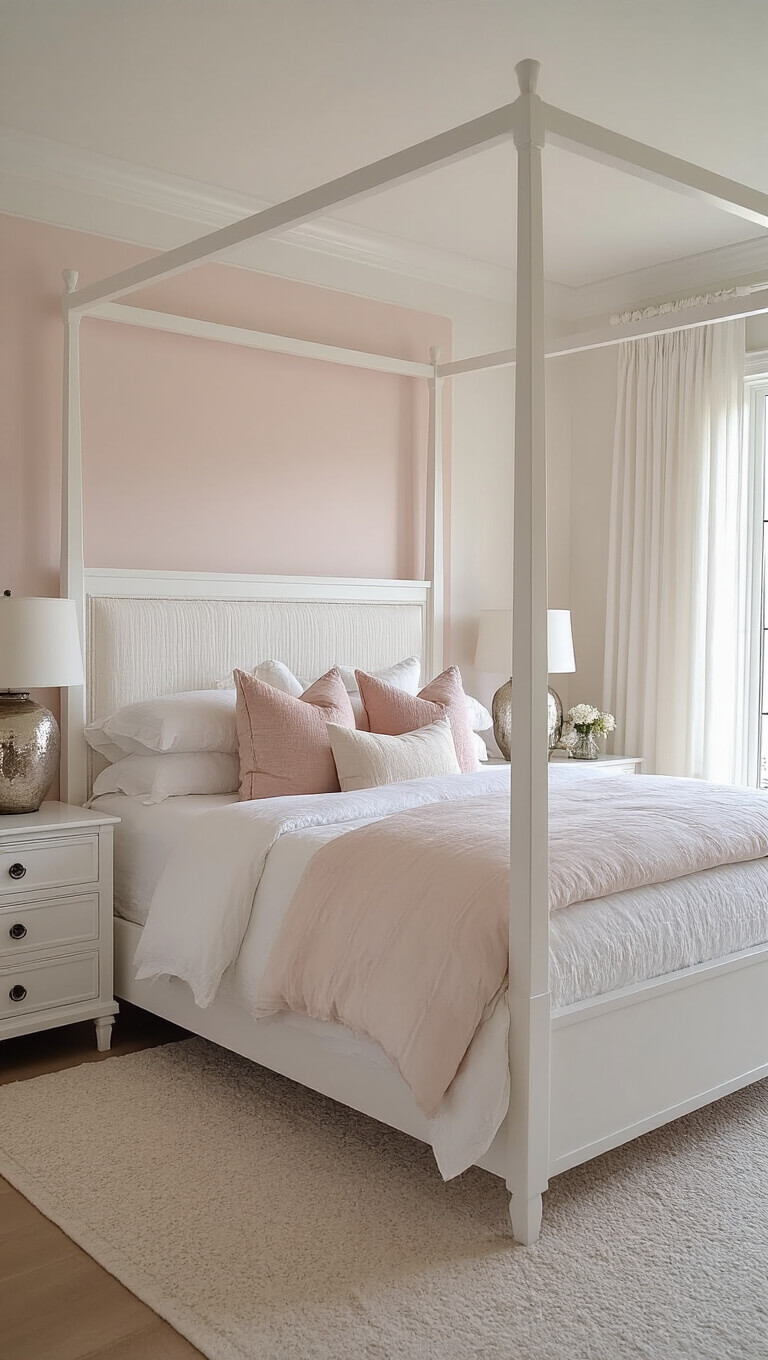 Low-angle view of a sunlit 15x15ft primary bedroom with white walls and a pink accent wall, featuring a modern white four-poster bed, blush-toned pillows, vintage mercury glass vases on white nightstands, and sheer white curtains billowing in golden hour light.