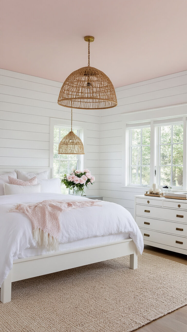 Cozy guest bedroom with white shiplap walls, pale pink ceiling, contemporary white platform bed with soft pink and white bedding, rattan pendant lamp casting shadows, vintage white dresser with brass hardware and peonies, lit by natural morning light.