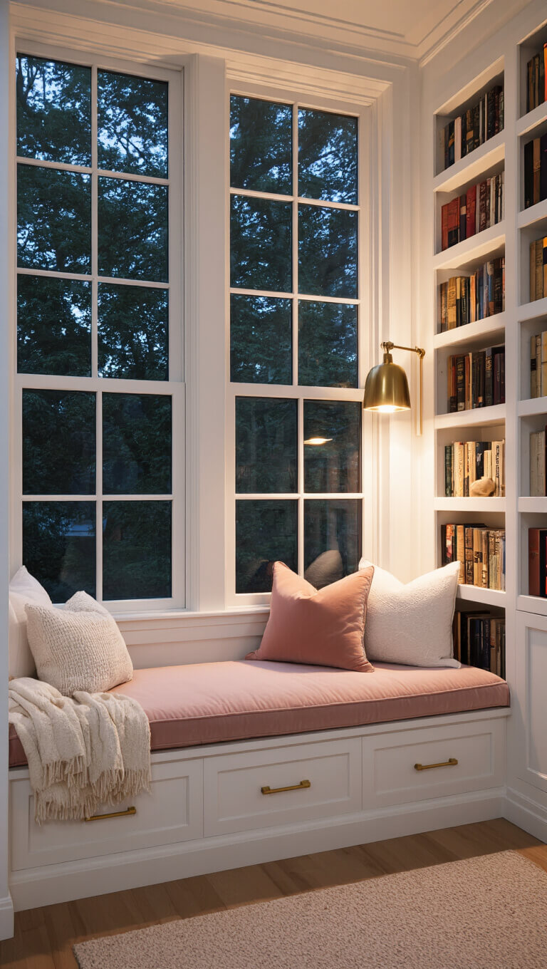 Cozy reading nook in 14x16ft bedroom with blush velvet window seat, brass lamp, built-in bookshelves, and warm dusk lighting.