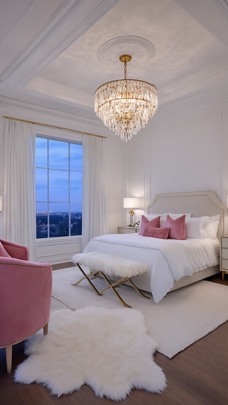 Twilight view of elegant bedroom with king bed, pink accents, velvet chairs, chandelier, and white crown molding.