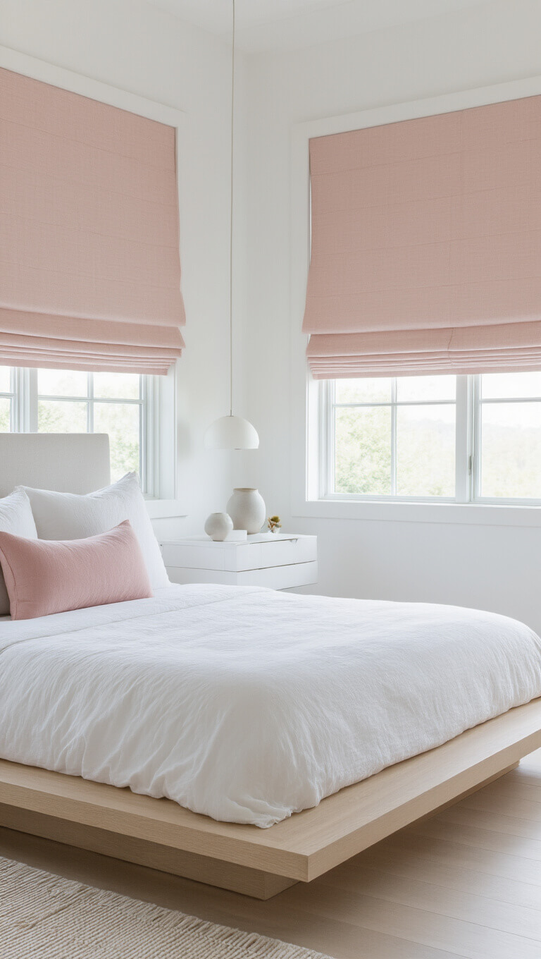 Minimalist 12x14ft white bedroom with blush pink Roman shades, bleached oak platform bed, white linens, and floating nightstands.