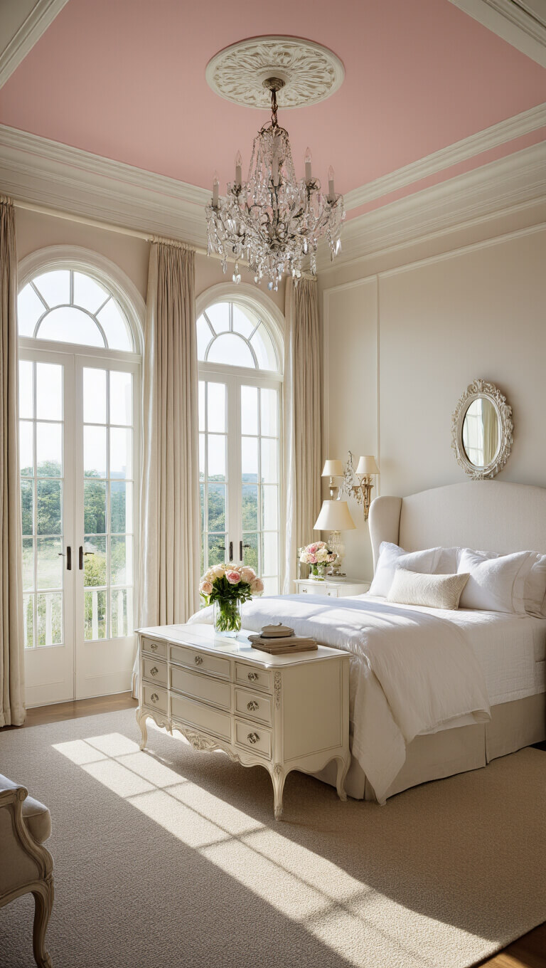 Luxurious 15x20ft master suite at sunrise with tray ceiling, upholstered white wingback bed, arched windows, antique white dressing table, and crystal sconces.