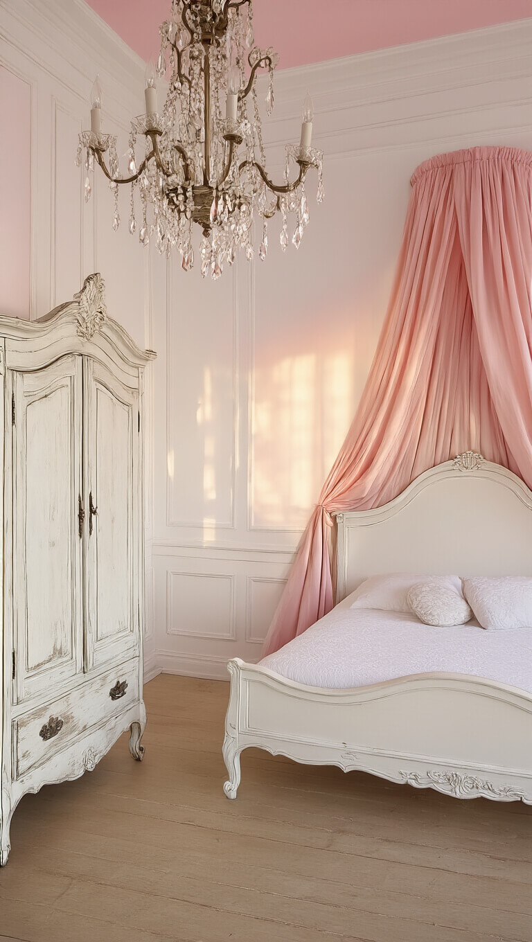 Romantic bedroom with white and pink ombré walls, French-style bed, vintage chandelier, distressed armoire, and pink silk drapes glowing in sunset light.