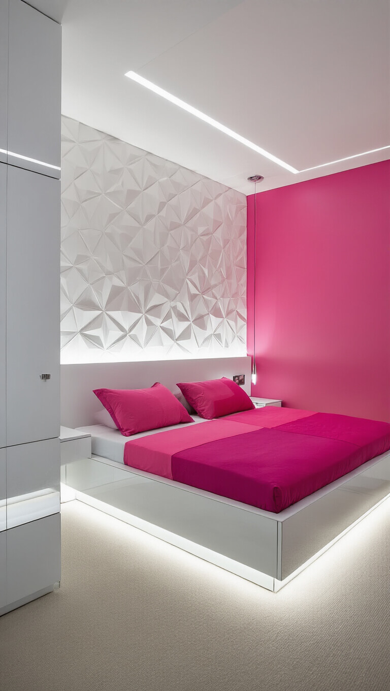 Modern 14x16ft bedroom with geometric white wallpaper and solid pink accent wall, featuring a glossy white platform bed with asymmetrical pink bedding, chrome and glass accents, and ambient LED lighting.