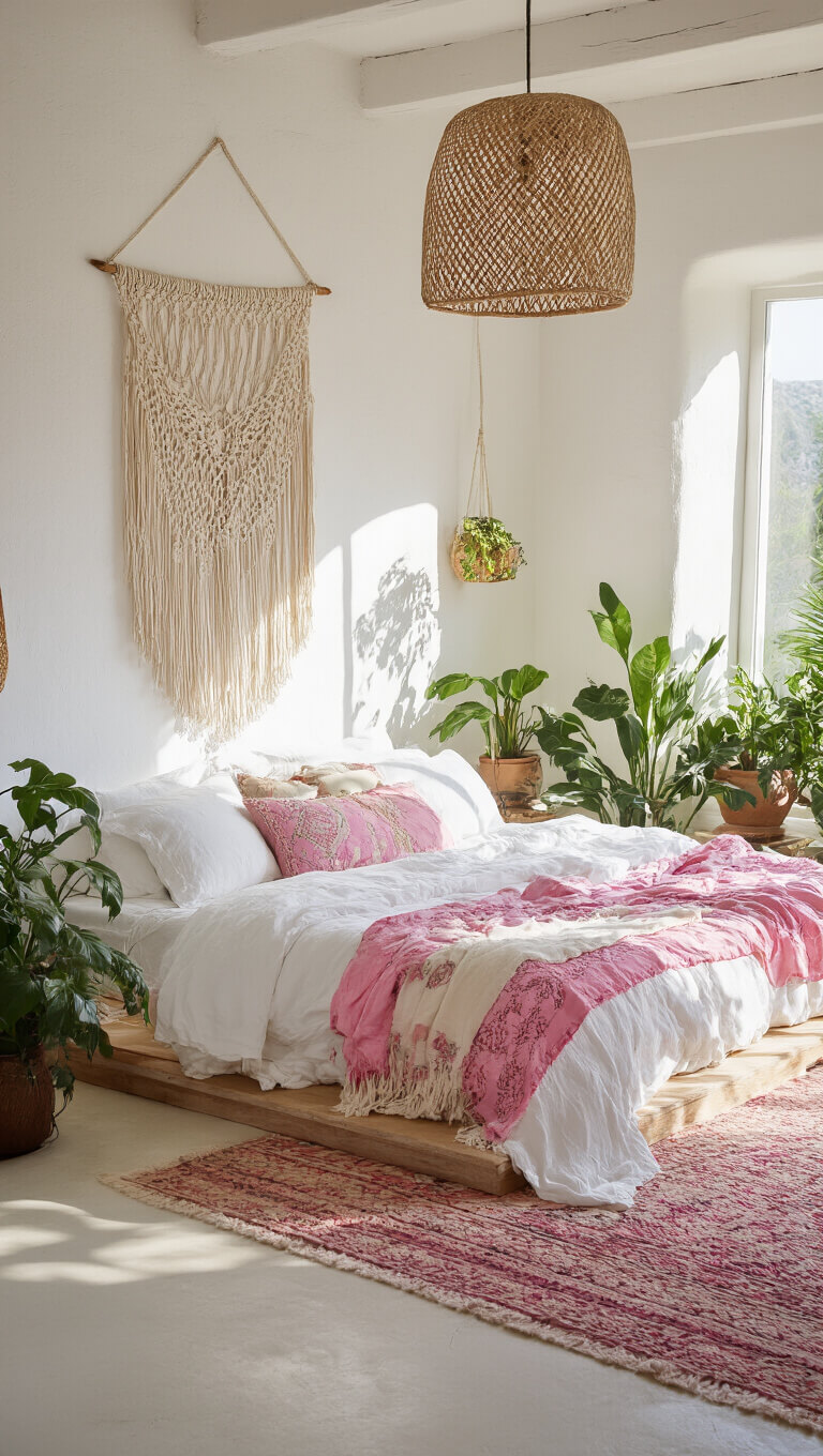 Bohemian 12x14ft bedroom with white stucco walls, macramé hanging, low bed in vintage linens and pink Moroccan textiles, rattan pendant, potted plants, warm afternoon light, shot low with 35mm lens.