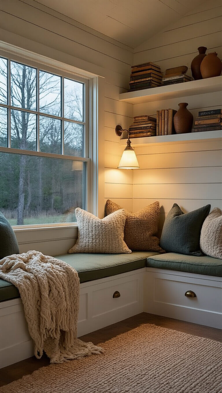 Cozy 10x12ft cabin reading nook at dusk with window seat, soft floor lamp lighting, wool cushions, floating bookshelves, and sage green shiplap walls.