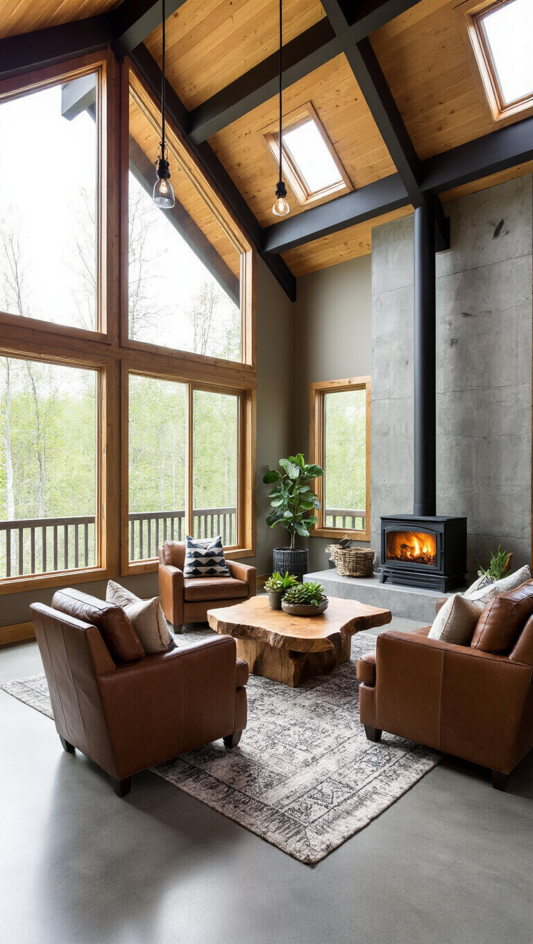 Open-concept cabin great room with vaulted cedar ceilings, clerestory windows, leather chairs by a wood-burning stove, live-edge coffee table, and industrial accents in a warm, natural palette.