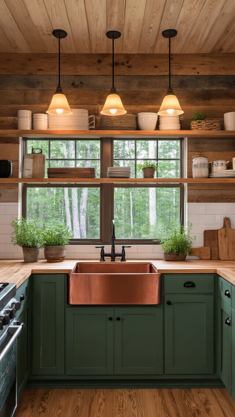 Cozy 8x10ft cabin kitchenette with warm pendant lighting, copper farmhouse sink, reclaimed wood shelves, and forest view window.