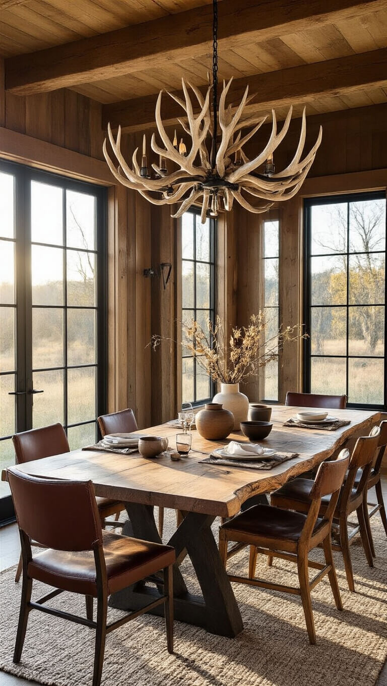 Rustic modern 14x16ft cabin dining space with live-edge table, vintage chairs, antler chandelier, and sunset shadows highlighting natural wood, leather, and dried botanicals.