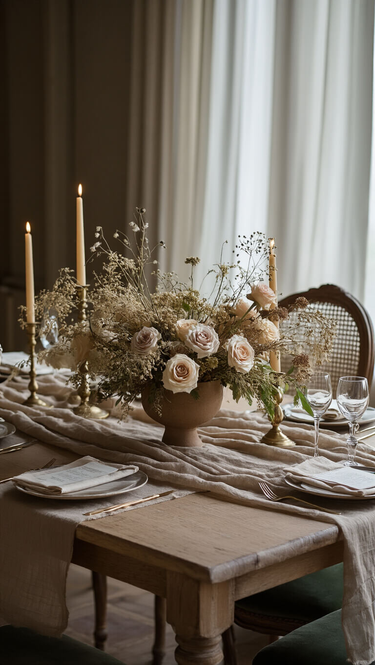 Blue hour tablescape with a single harvest table featuring a taupe gauze and burlap runner, dramatic floral centerpiece of lunaria, ruscus, and garden roses in ceramic vase, surrounded by vintage cane-back chairs with sage velvet cushions, brass candlesticks, and soft natural light through sheer curtains.