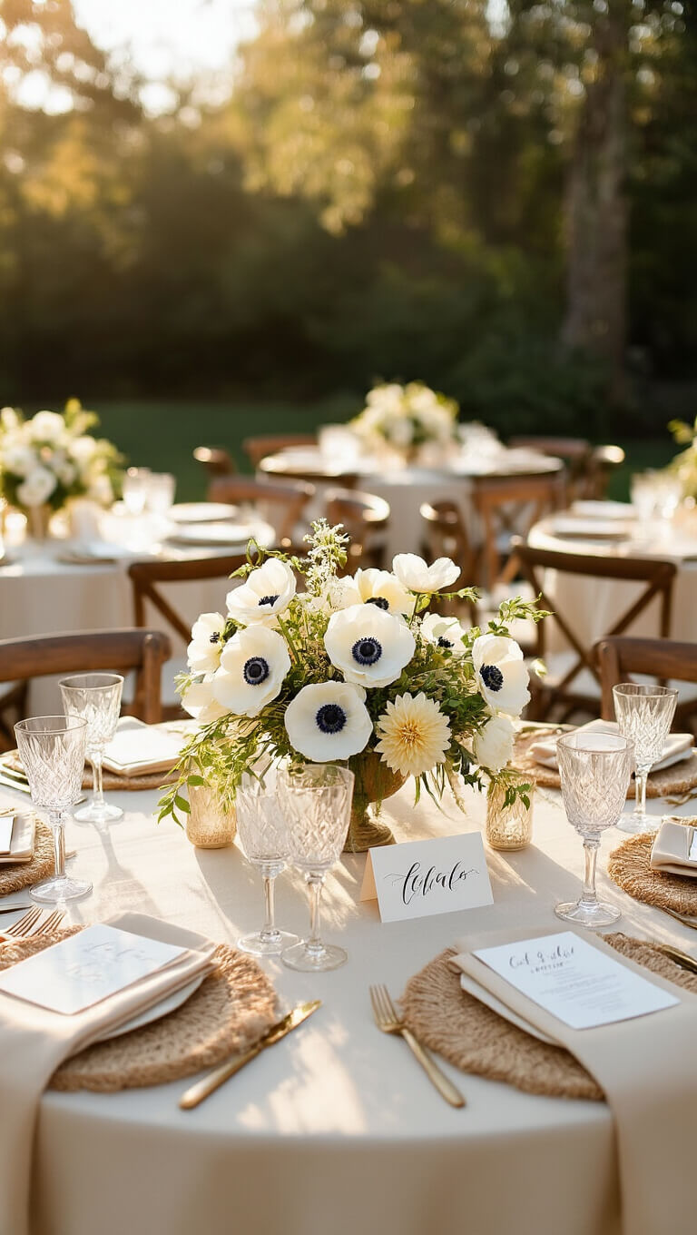 Low-angle view of a sunlit wedding reception corner with round tables dressed in cream linens, jute chargers, floral centerpieces of white anemones, dahlias, and jasmine, accented by crystal goblets, gold flatware, and calligraphy place cards on dried palm fronds.