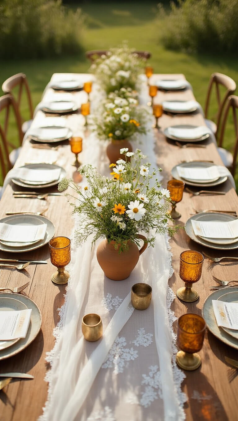 Overhead view of a sunlit outdoor reception with U-shaped farm tables, sheer white runners, wildflower centerpieces, vintage brass candlesticks, and mixed ceramic and gold-rimmed china place settings.