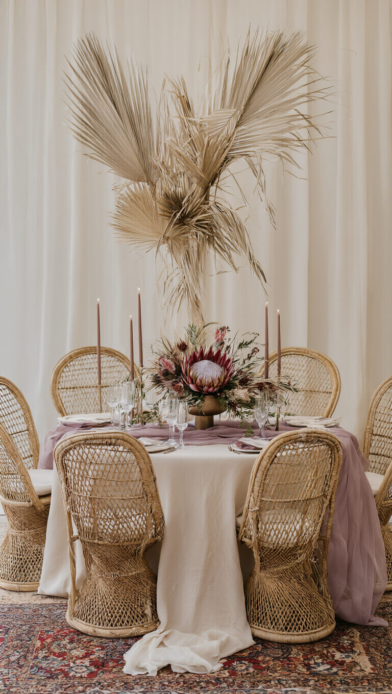 Sweetheart table at twilight with champagne silk linens, dusty mauve runner, asymmetrical floral arrangement of palms, protea, and amaranthus in metallic vase, rattan peacock chairs with vintage Persian rugs, and taper candles in mixed metallic holders.