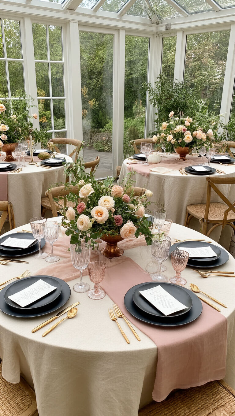 Overhead view of a light-filled conservatory with mixed tables dressed in layered natural-toned linens, copper bowl floral centerpieces, vintage bud vases, and eclectic table settings with matte black plates and gold-rimmed crystal.