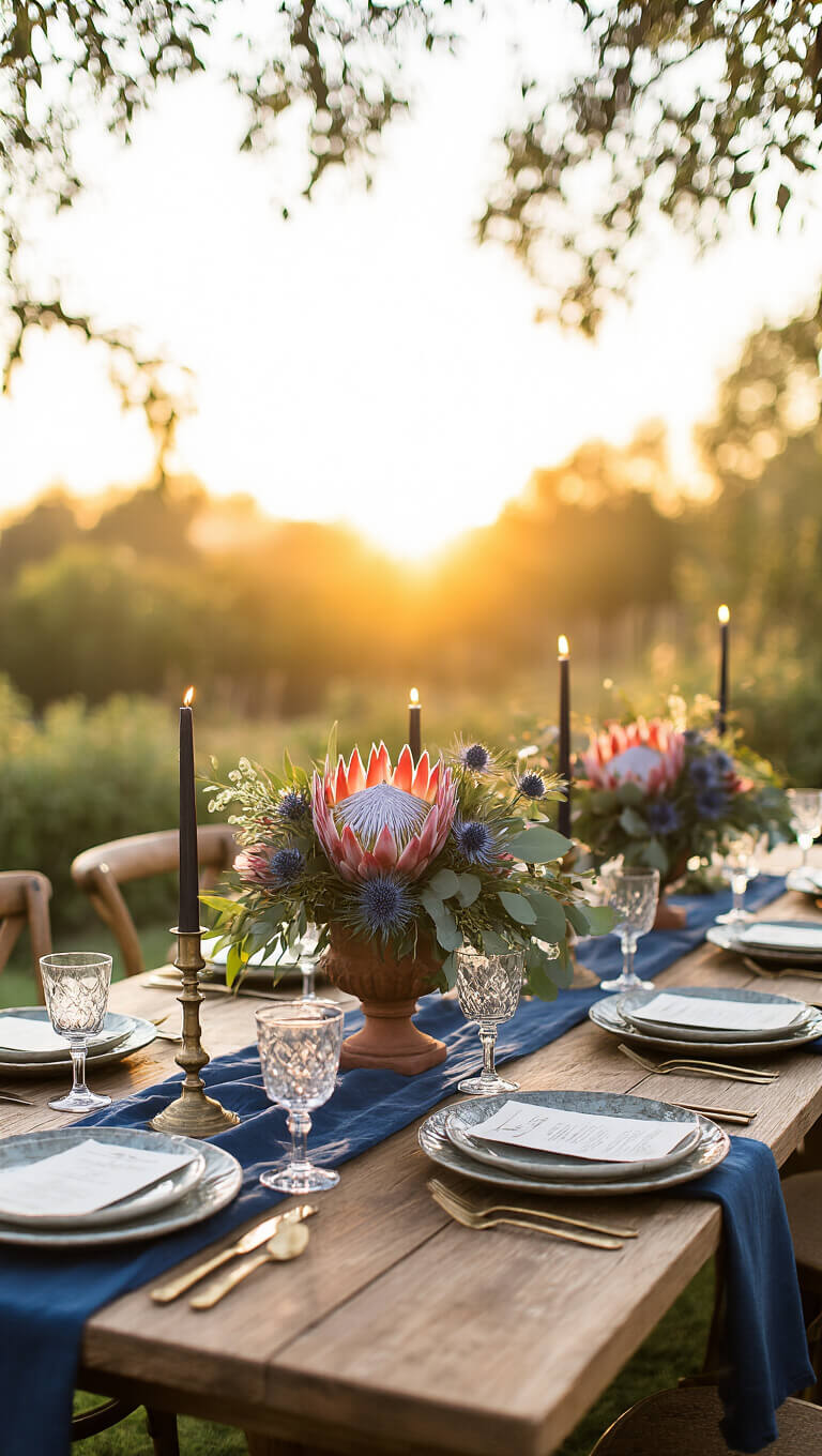 Sunset garden reception with wooden farm tables, indigo runners, dramatic floral centerpieces, black taper candles in brass holders, and handmade ceramic place settings in golden light.
