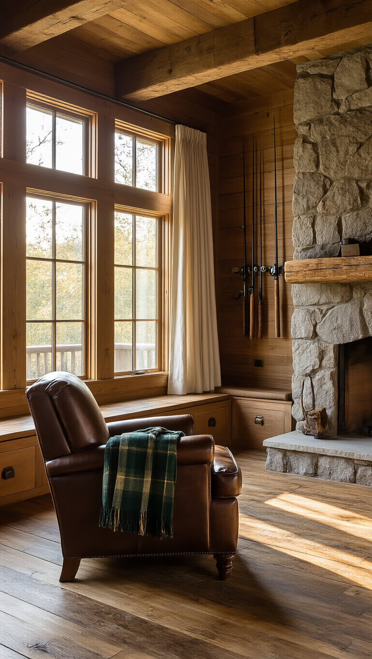 Rustic 400 sq ft fishing cabin interior at golden hour with weathered pine floors, exposed beam ceiling, leather armchair near stone fireplace, vintage fishing rods on wood walls, and sunlit built-in benches with linen curtains.