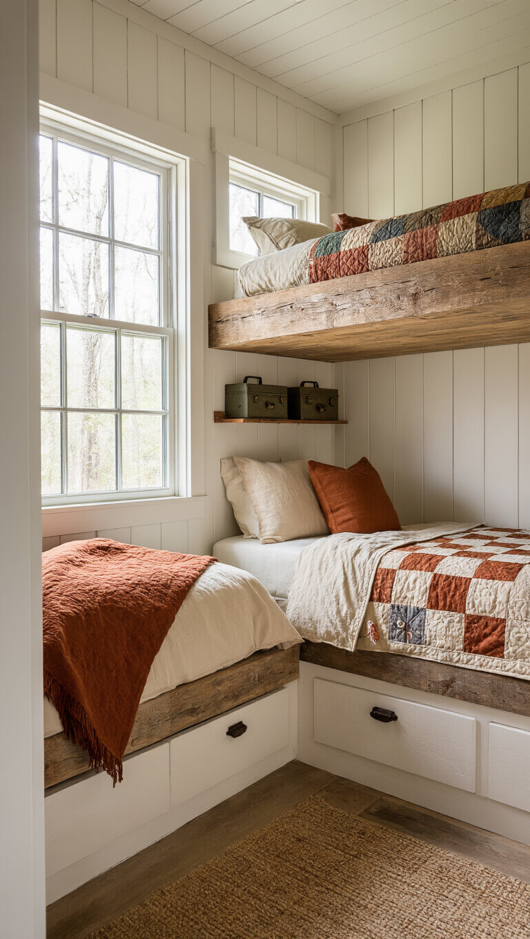 Dawn light illuminates a cozy 300 sq ft cabin bedroom with built-in reclaimed wood bunk beds, canvas and wool bedding, vintage quilts, and antique tackle box shelves displaying fishing memorabilia.