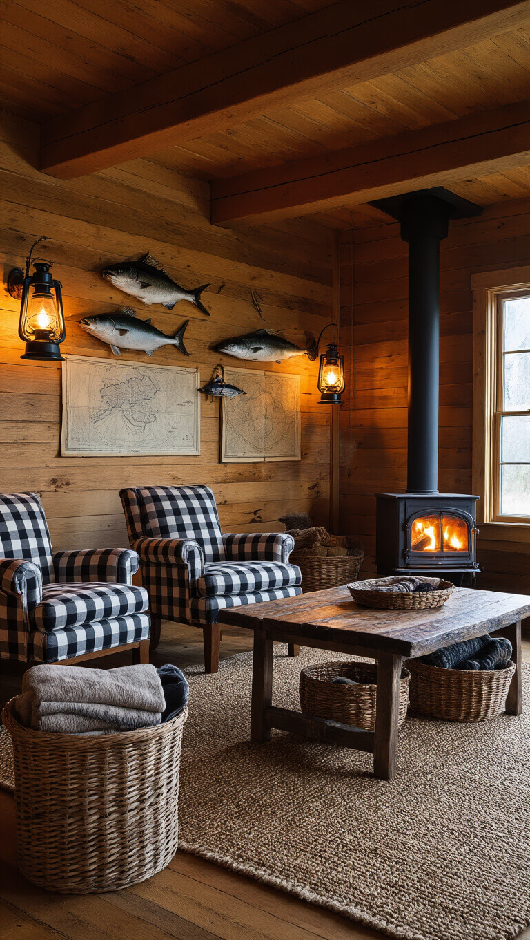 Cozy cabin living space at dusk with plaid chairs, rustic boat coffee table, vintage lanterns, knotty pine walls, mounted fish, antique maps, and glowing cast iron stove.