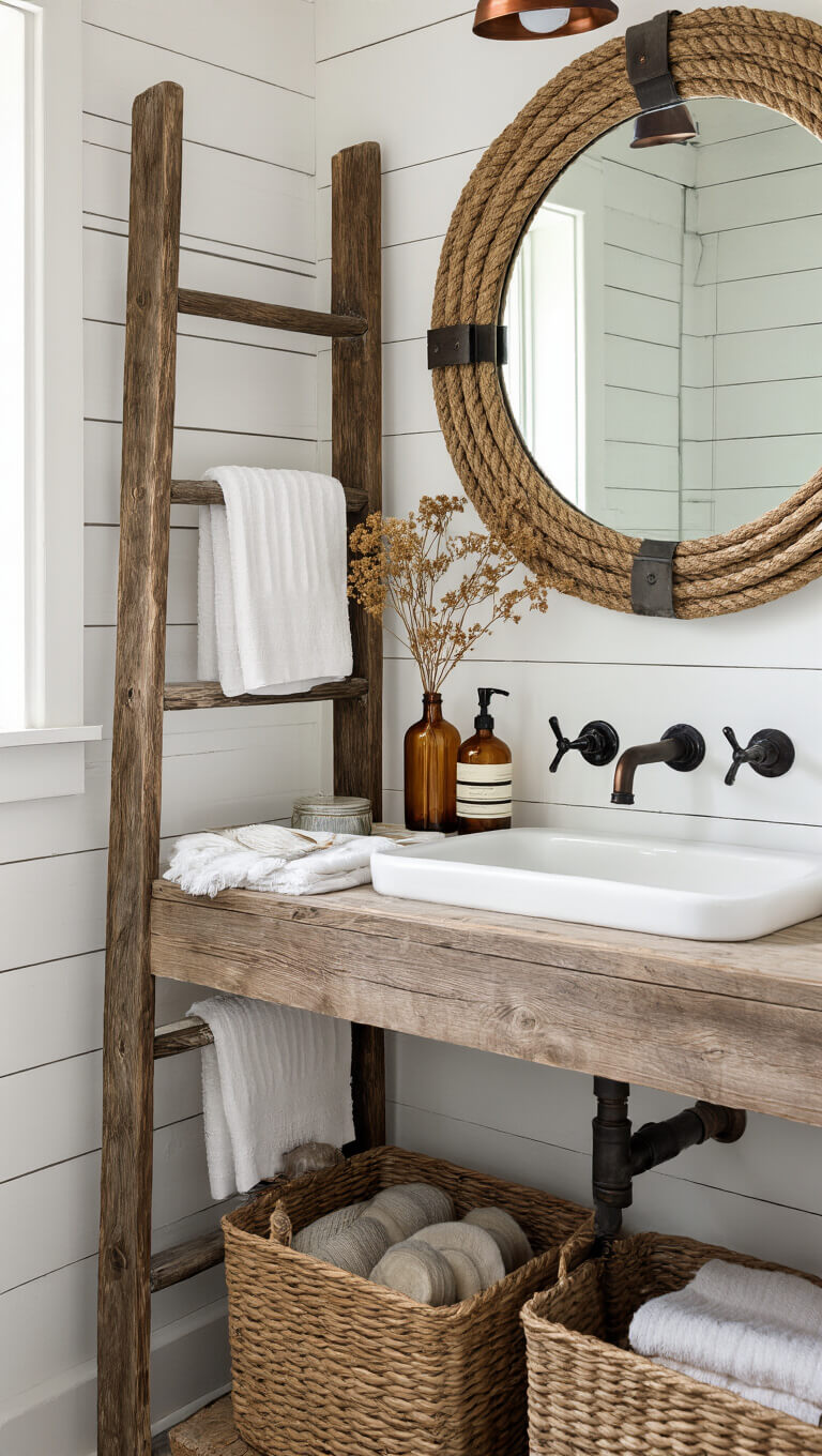 Bathroom with morning light showing a salvaged wooden ladder holding towels against chalky white shiplap walls, vintage glass bottles, copper fixtures, black metal accents, wall-mounted sink with exposed plumbing, round rope-framed mirror, woven baskets, and dried botanicals in amber bottles.