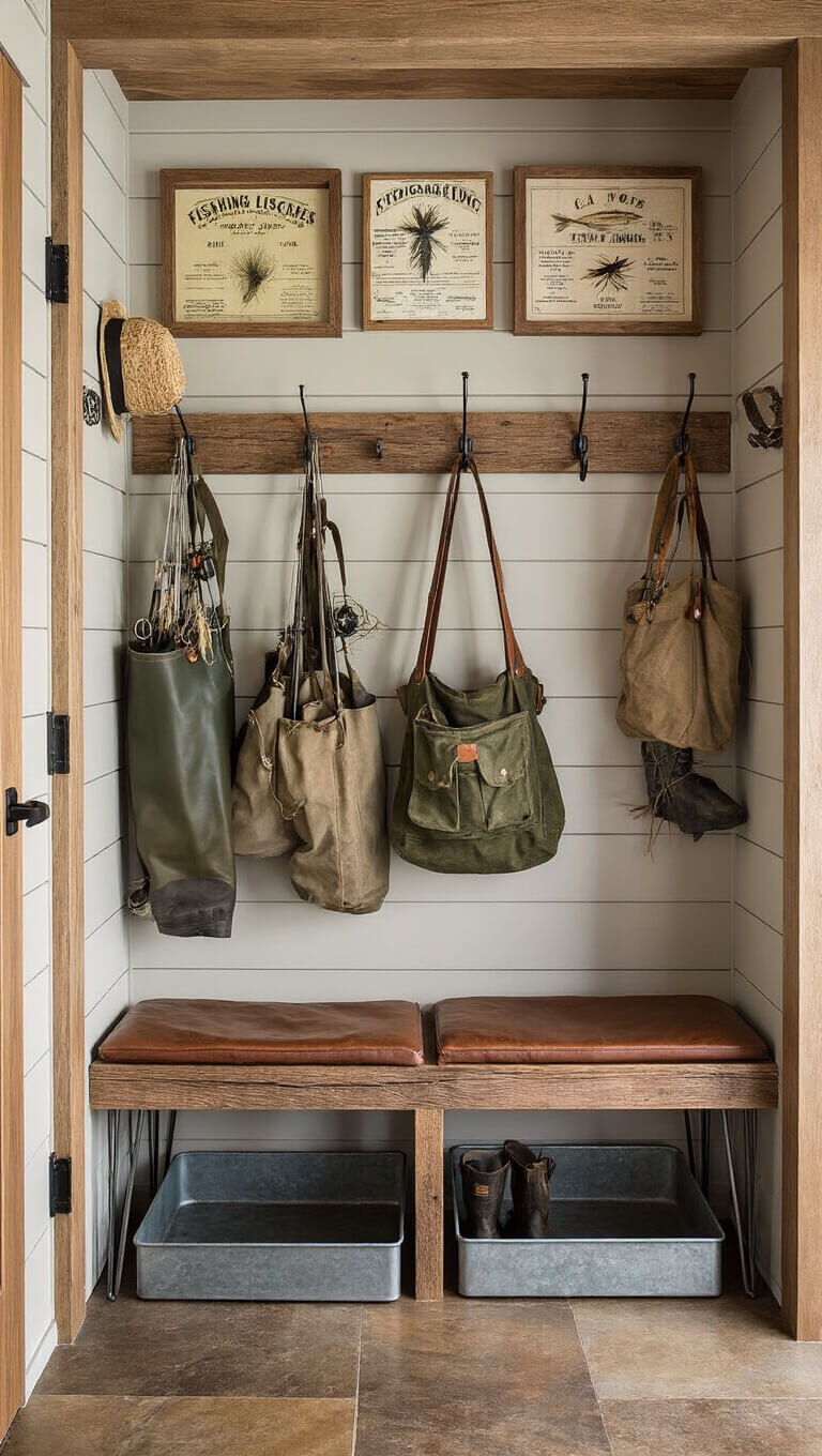 Elevated view of cabin mudroom with vintage hooks holding fishing gear, reclaimed wood bench with leather cushions, boot trays with waders, and walls decorated with fishing licenses and shadow boxes of hand-tied flies.