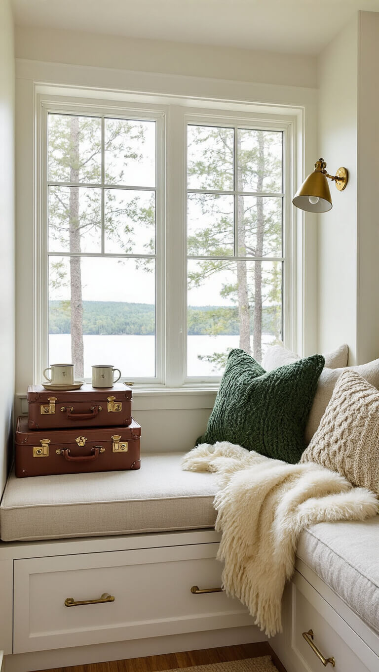 Cozy window nook with built-in seat, linen upholstery, vintage suitcase side tables, warm brass lamp, and forest lake view.
