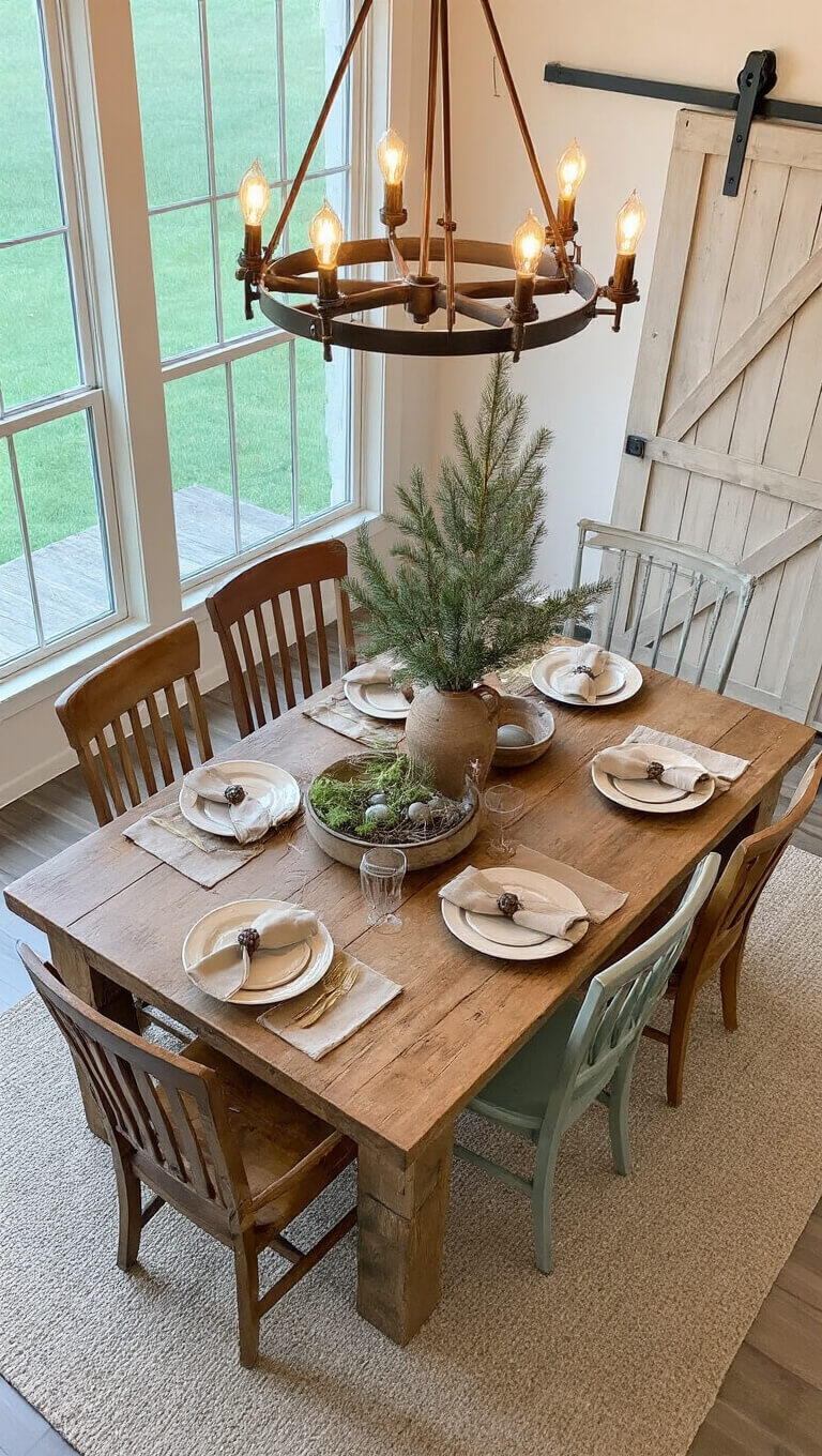 Overhead view of rustic dining area at twilight with farmhouse table, vintage chairs, warm Edison lighting, and natural centerpiece.