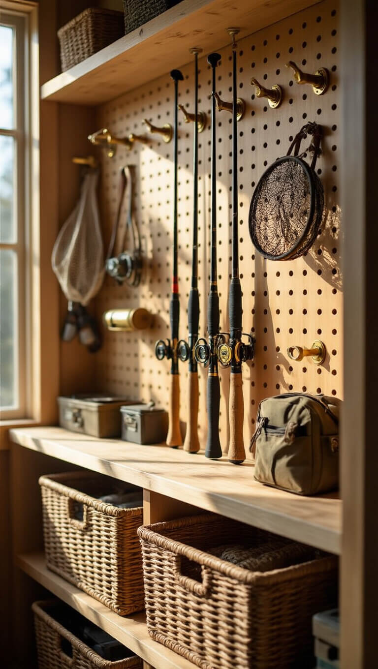 Close-up of cedar pegboard wall with fishing gear, brass hooks, woven baskets, and afternoon shadows.