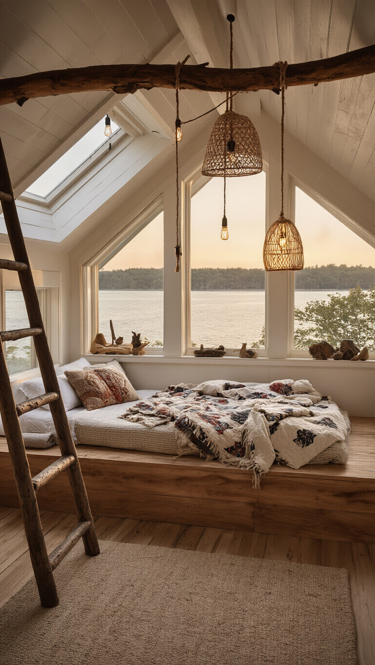 Cozy sunset-lit sleeping loft with branch ladder, low mattress on wooden platform, earth-tone quilts, Edison bulbs on rope-wrapped beams, dormer windows with water view, and shelves with nature specimens.