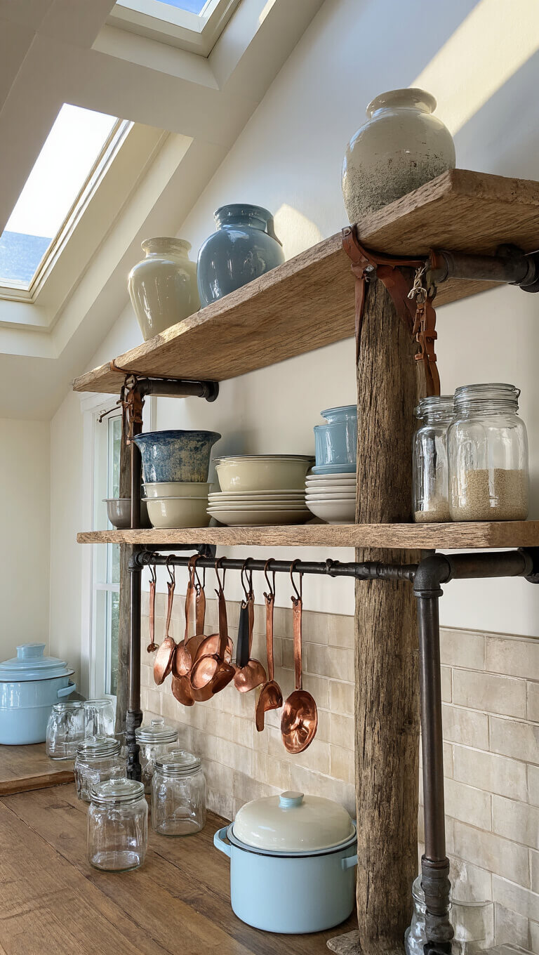 Open kitchen shelving made from reclaimed wood and black iron pipe, displaying vintage enamelware, handmade pottery, and glass jars, with copper utensils hanging from leather straps in soft skylight.